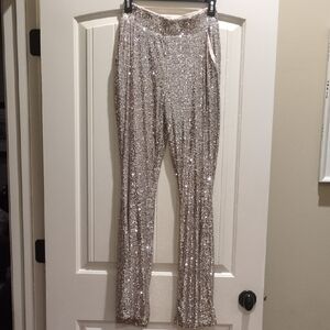 Cable & Gauge Silver Sequin Pull On Flare Leg Pants Size XS, Like New